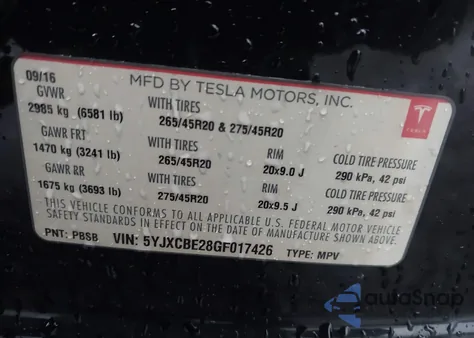 2016 Tesla Model X 60D/70D/75D/90D/P100D из США, поврежденный, VIN 5YJXCBE28GF017426